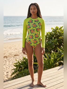 Cat & Jack Lime Floral Long-Sleeve One-Piece Swimsuit